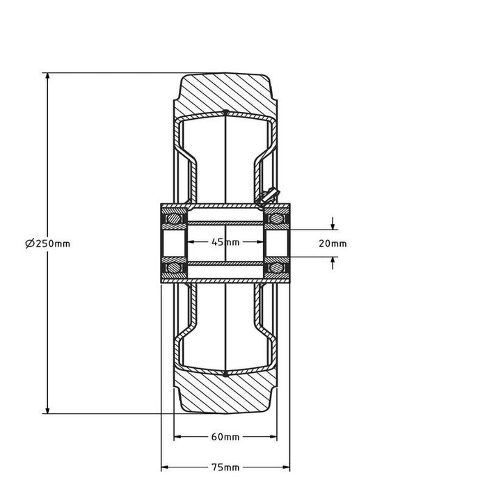 Gummirad 250 mm - Kugellagerbohrung 20 mm - 850 kg