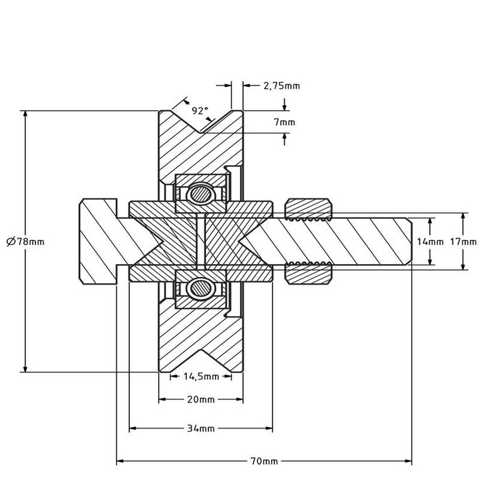 Rillenrad 80 mm mit V-Nut - 200 kg