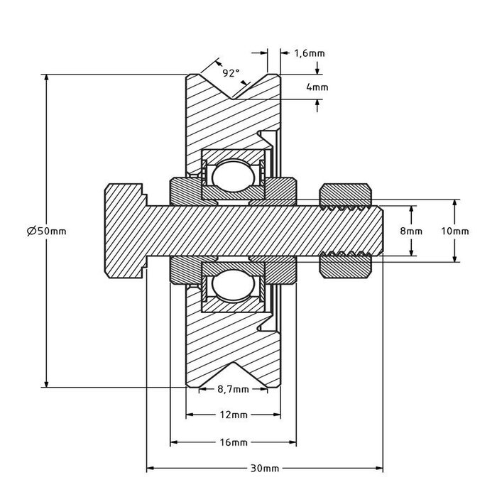 Rillenrad 50 mm mit V-Nut - 70 kg