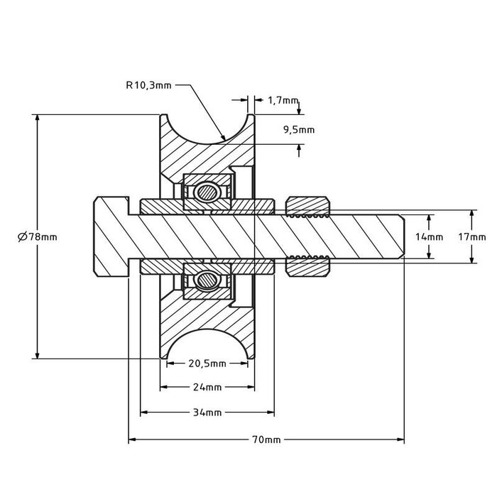 Edelstahl Rillenrad 80 mm mit Rund Nut - 200 kg