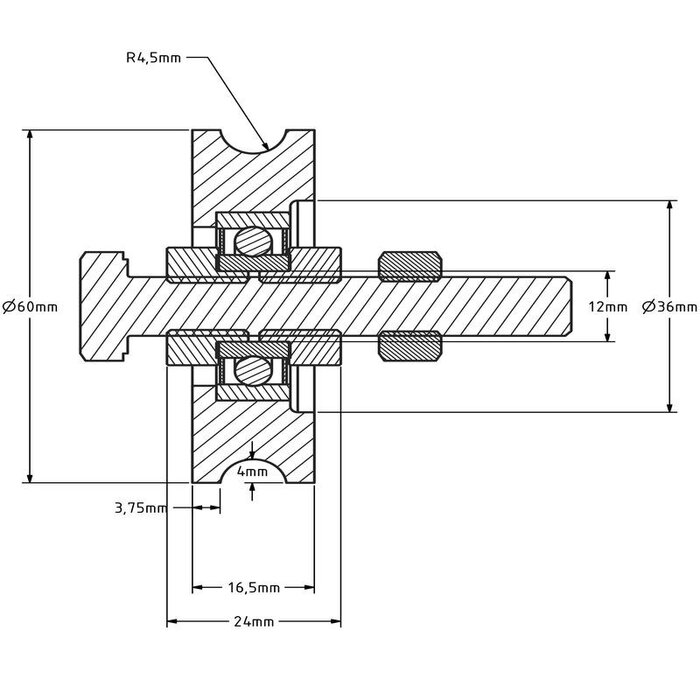 Edelstahl Rillenrad 60 mm mit Rund Nut - 100 kg