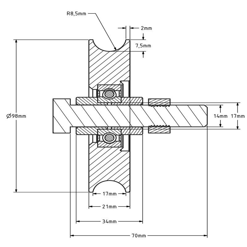 Rillenrad 98 mm mit Rund Nut - 220 kg