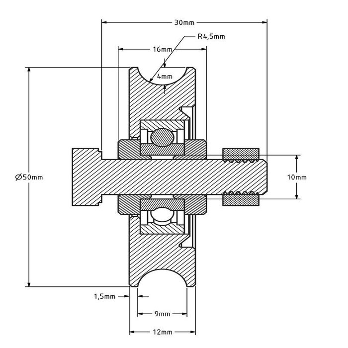 Rillenrad 50 mm mit Rund Nut - 70 kg