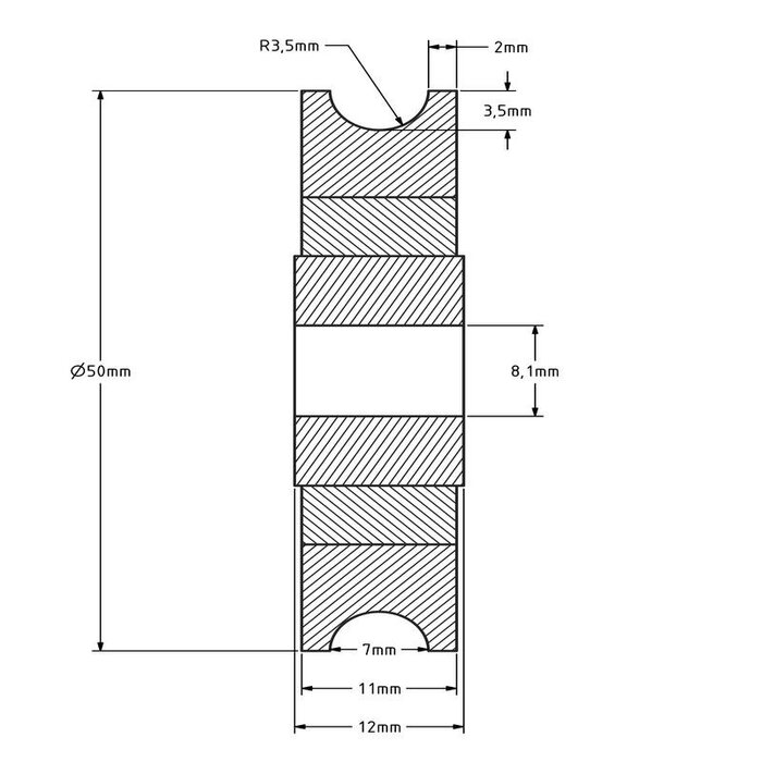 Kabelscheibe 50 mm mit Rund Nut - 85 kg