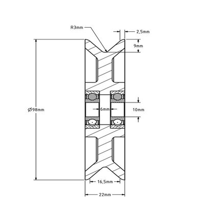 Kunststoff Kabelscheibe 98 mm mit Rund Nut - 150 kg