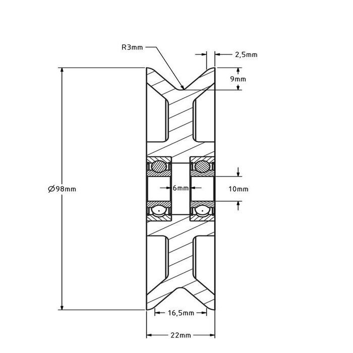 Kunststoff Kabelscheibe 98 mm mit Rund Nut - 150 kg