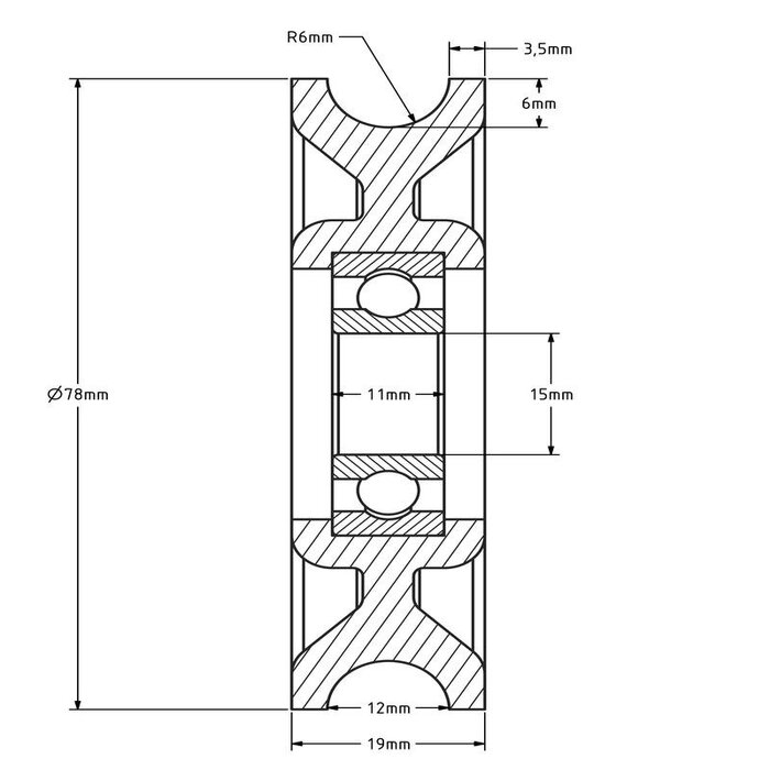 Kunststoff Kabelscheibe 78 mm mit Rund Nut - 245 kg