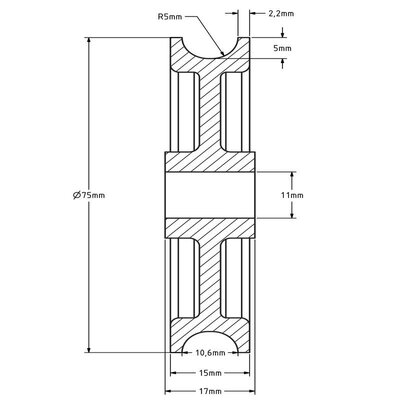 Kunststoff Kabelscheibe 75 mm mit Rund Nut - 75 kg