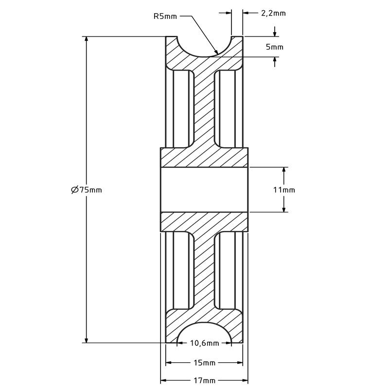 Kunststoff Seilrolle 75 mm mit runder U-Nut - 75 kg