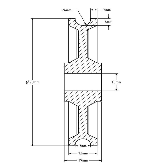 Kunststoff Kabelscheibe 73 mm mit Rund Nut - 55 kg