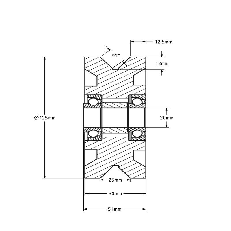 Rillenrad 125 mm mit V-Nut - 1000 kg