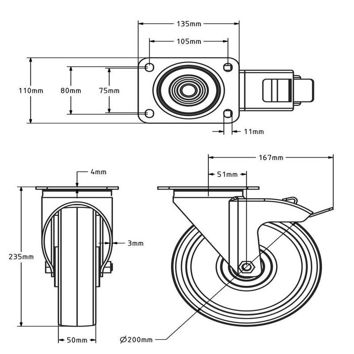 Polyurethan-Lenkrolle mit Bremse 200 mm - Edelstahl - 450 kg