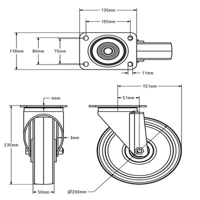 Polyurethan-Lenkrolle 200 mm - Edelstahl - 450 kg