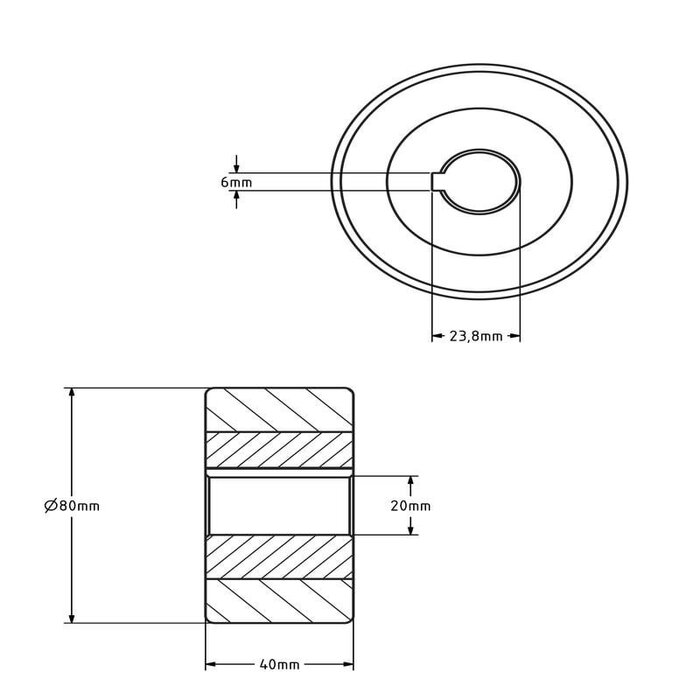 Polyurethan Antriebsrad 80x40 mm - Bohrung 20 mm H7 Nut - 200 kg