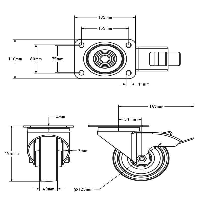 Edelstahl Polyamid Lenkrolle mit Bremse 125 mm - 500 kg