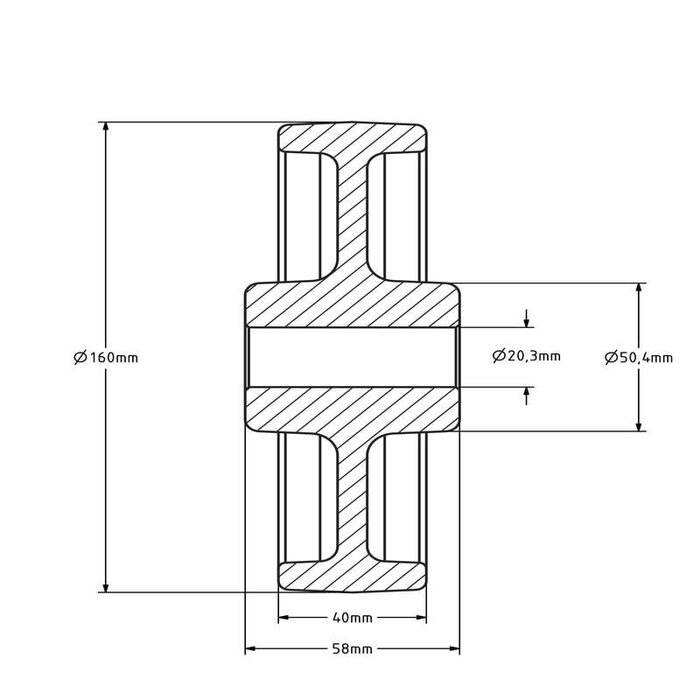 Rad aus Polyamid 160 mm - Bohrung 20 mm - 450 kg