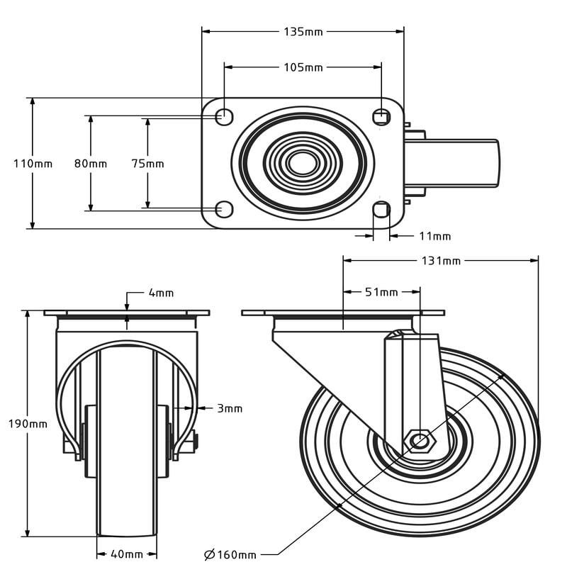Elastische Polyurethan-Lenkrolle 160 mm - Edelstahl - 350 kg