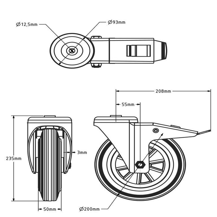 Vollgummi Lenkrolle mit Bremse 200 mm - Rollenlager - 205 kg