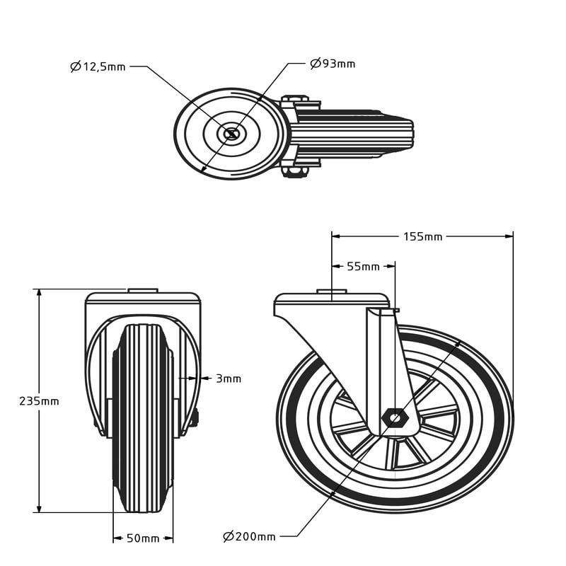 Vollgummi-Lenkrolle 200 mm - Rollenlager - 205 kg