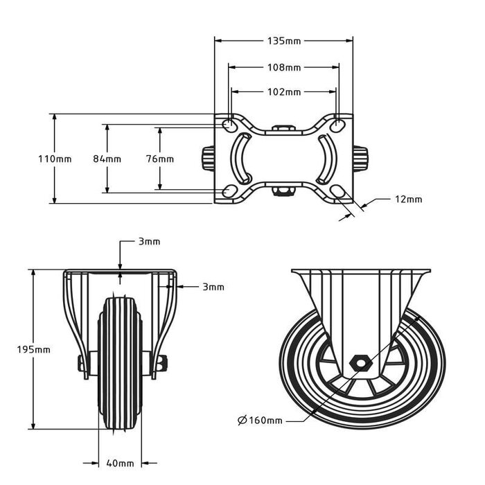 Vollgummi-Bockrolle 160 mm - Rollenlager - 140 kg