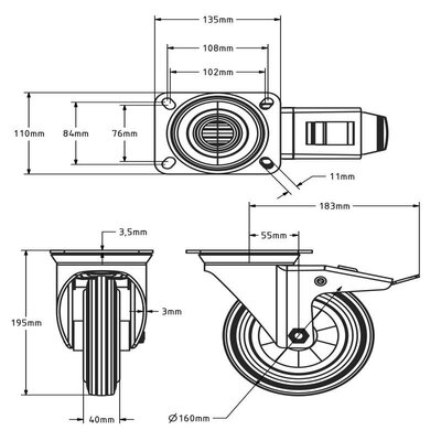 Vollgummi-Lenkrolle mit Bremse 160 mm - Rollenlager - 140 kg