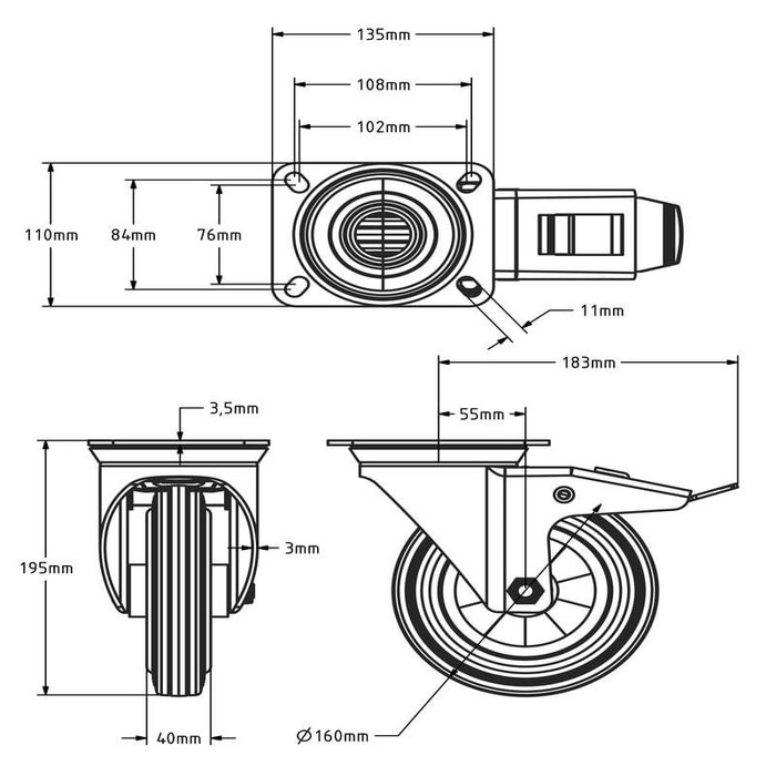 Vollgummi-Lenkrolle mit Bremse 160 mm - Rollenlager - 140 kg