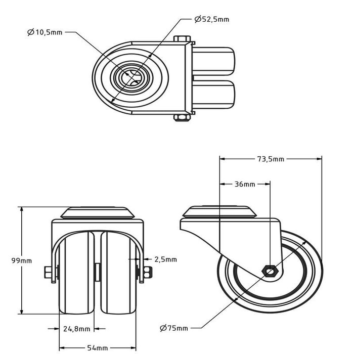 Apparate-Doppelrolle 75 mm- Gleitlager - Rückenloch - 120 kg