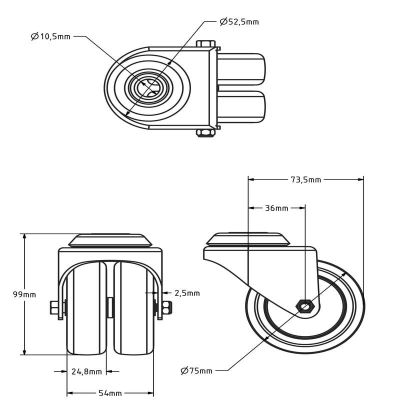 Apparate-Doppelrolle 75 mm- Gleitlager - Rückenloch - 120 kg