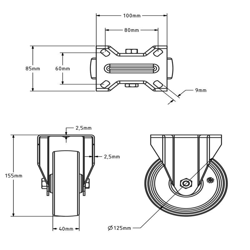 Hitzebeständige Bockrolle 125 mm bis +280 °C - 170 kg