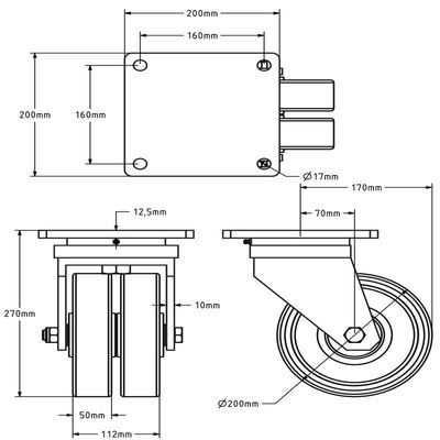Polyurethan Schwerlast-Lenkrolle 200 mm - Kugellager - 2200 kg