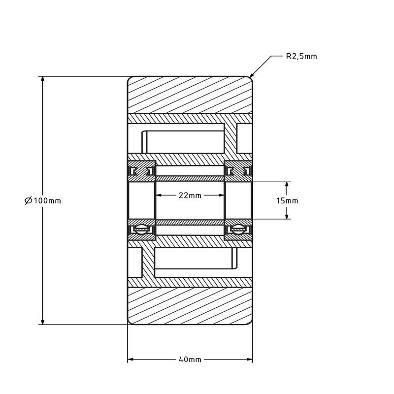 Polyurethanrad 100 mm - Kugellager 15 mm - 300 kg