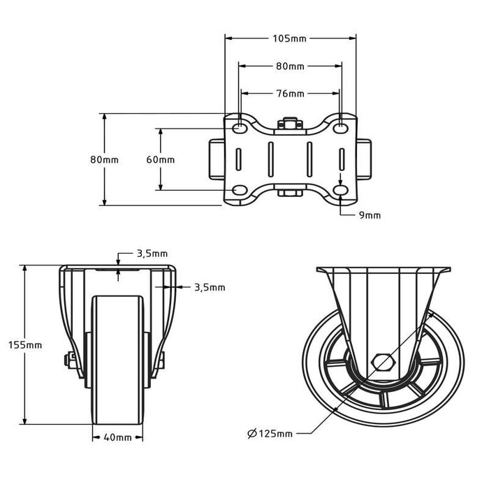 Polyurethan-Schwerlast-Bockrolle 125 mm - Kugellager - 350 kg