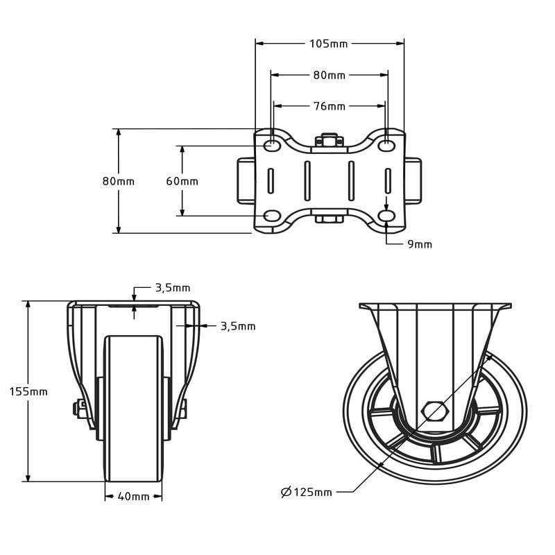 Polyurethan-Schwerlast-Bockrolle 125 mm - Kugellager - 350 kg