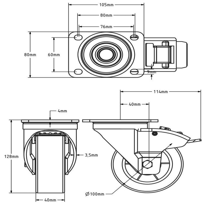 Polyurethan-Schwerlast-Lenkrolle mit Bremse 100 mm - Kugellager - 300 kg
