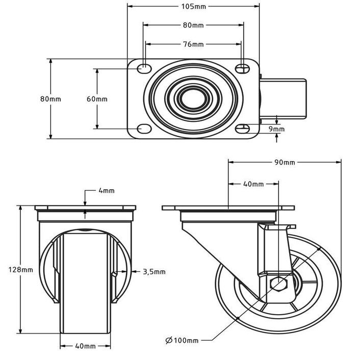Polyurethan-Schwerlast-Lenkrolle 100 mm - Kugellager - 300 kg