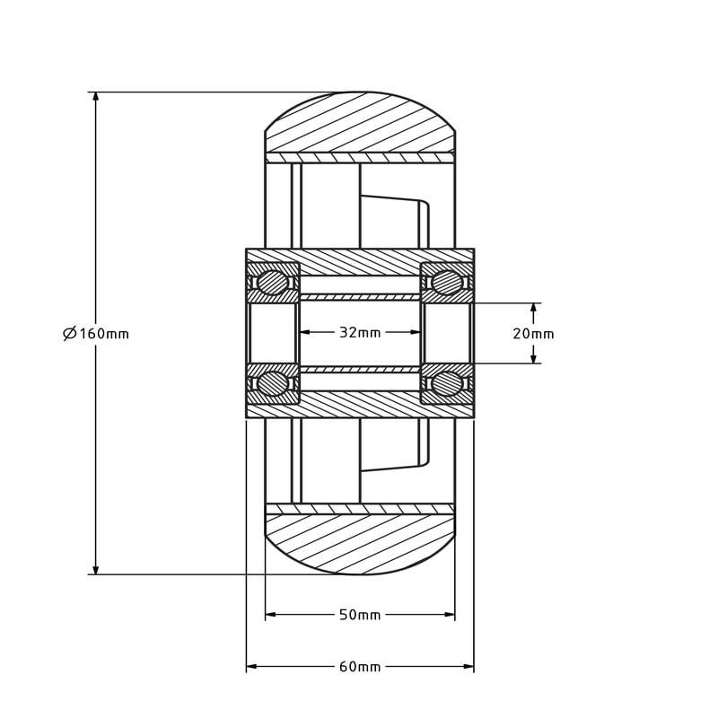 Ergonomisches Polyurethanrad 160 mm - Kugellager 20 mm - 500 kg