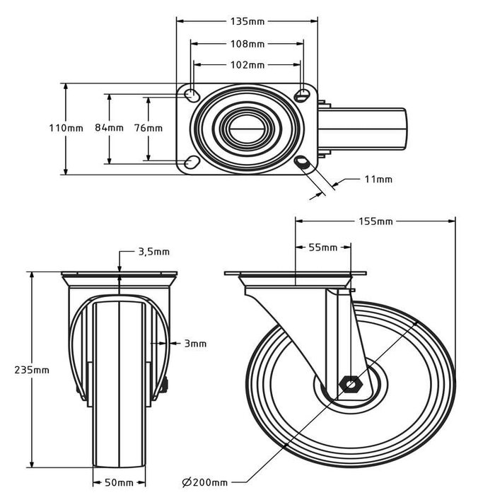 Schwarze Polyurethan-Lenkrolle 200 mm - Rollenlager - 400 kg