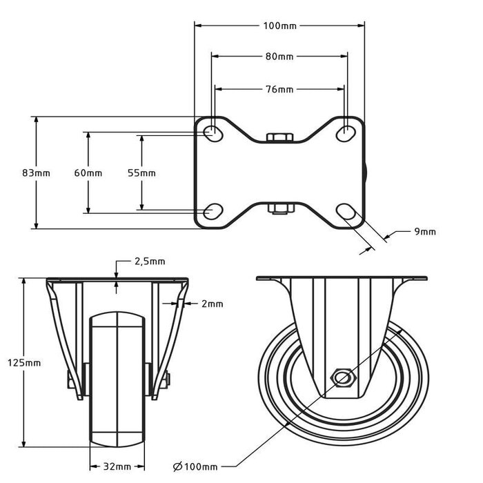 Edelstahl Gummi Bockrolle aus 100 mm - 100 kg