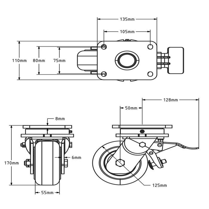 Gusspolyamid-Schwerlast-Lenkrolle mit Bremse 125 mm - 2000 kg