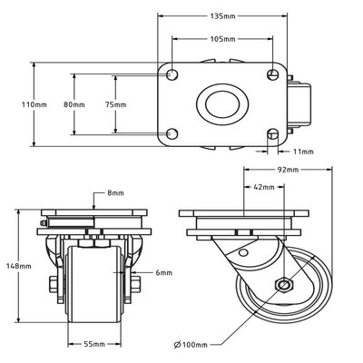 Gusspolyamid Schwerlast-Lenkrolle 100 mm - 1500 kg