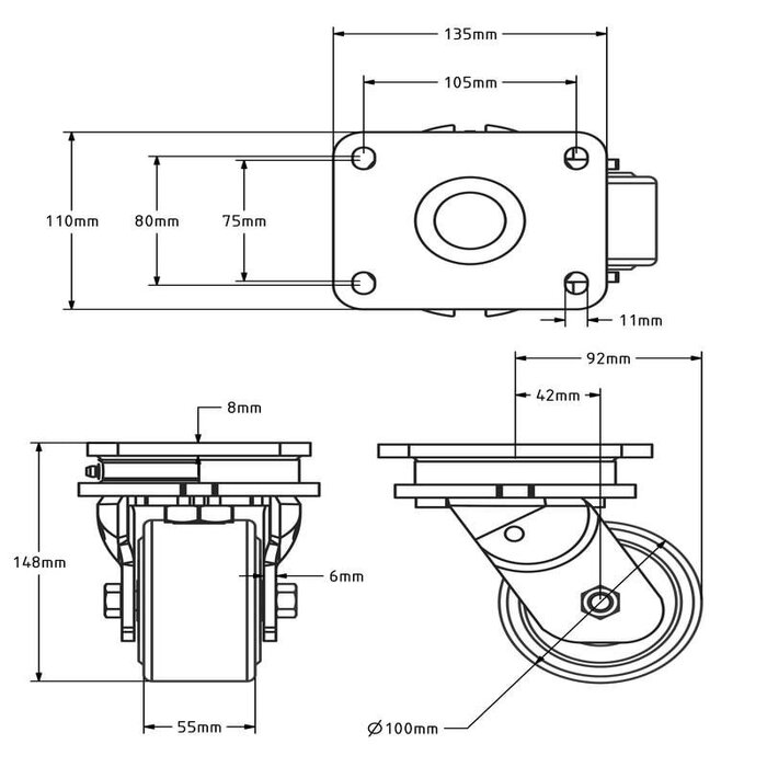 Gusspolyamid Schwerlast-Lenkrolle 100 mm - 1500 kg