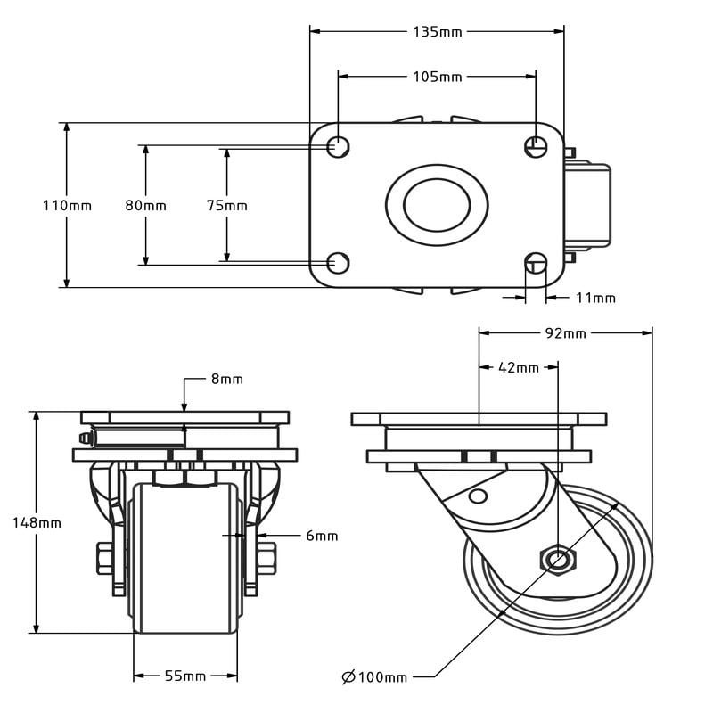 Gusspolyamid Schwerlast-Lenkrolle 100 mm - 1500 kg