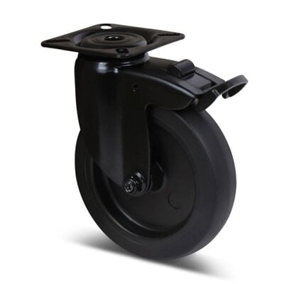 Schwarze Lenkrolle mit Bremse 100 mm - Gleitlager - Platte - 80 kg