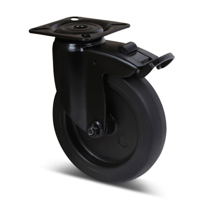 Schwarze Lenkrolle mit Bremse 100 mm - Gleitlager - Platte - 80 kg
