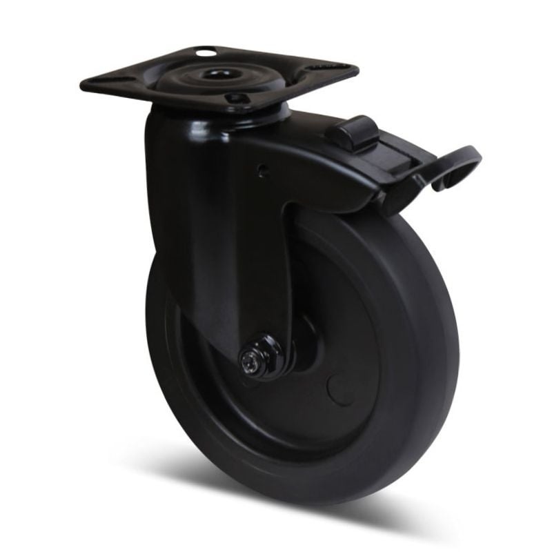 Schwarze Lenkrolle mit Bremse 100 mm - Gleitlager - Platte - 80 kg