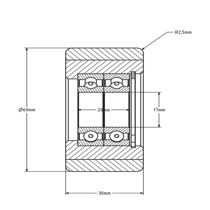 Polyurethan Führungsrolle 60 mm - Kugellager - 110 kg