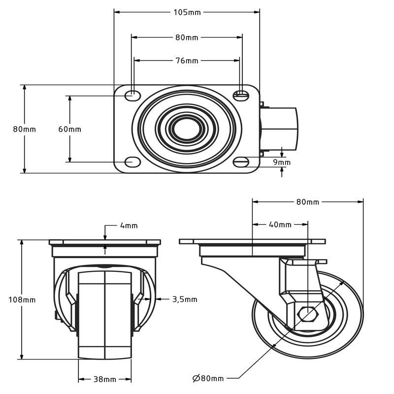 Polyurethan-Schwerlast-Lenkrolle 80 mm - Kugellager - 250 kg