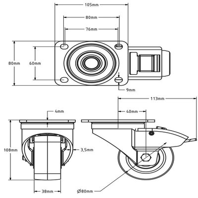 Polyurethan-Schwerlast-Lenkrolle mit Bremse 80 mm - Kugellager - 250 kg