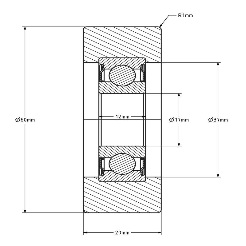 Polyurethan Führungsrolle 60 mm - Kugellager - 70 kg