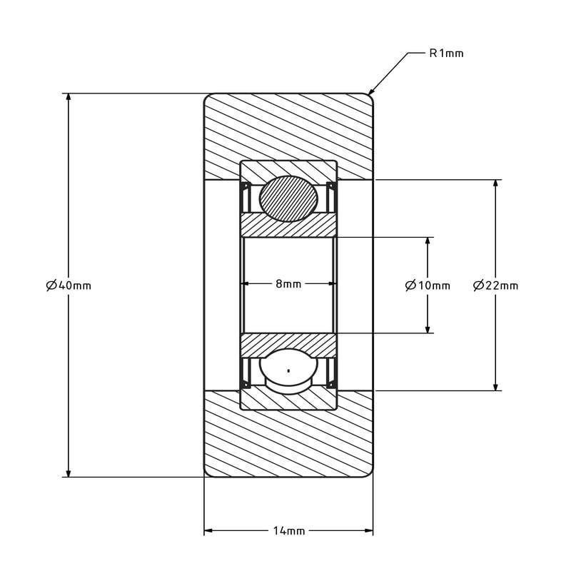 Polyurethan Führungsrolle 40 mm - Kugellager - 30 kg